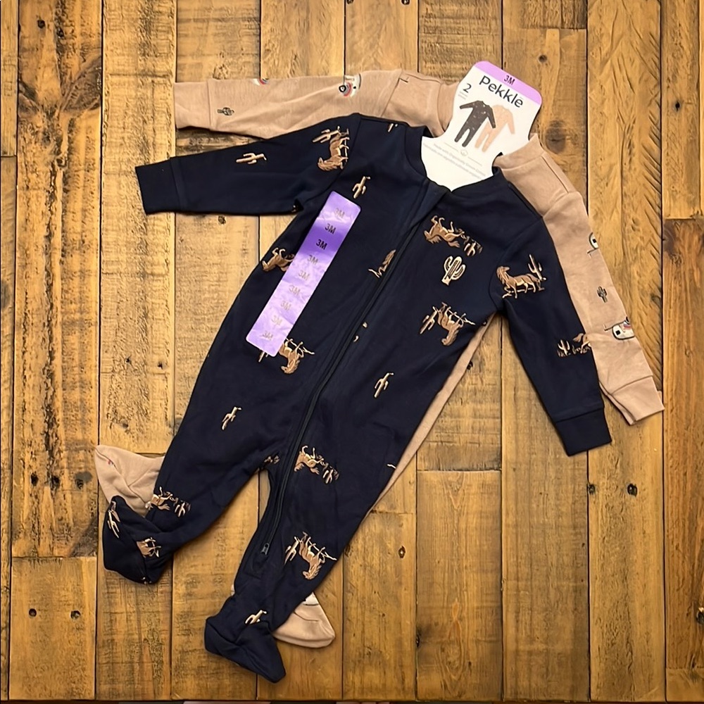 Kids One Piece Pajamas - Navy and Tan